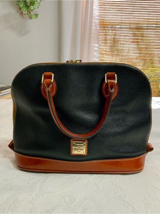 Dooney & Bourke Handbags - Dooney & Bourke Pepple Grain Zip Zip Black Leather Satchel with Brown Leather